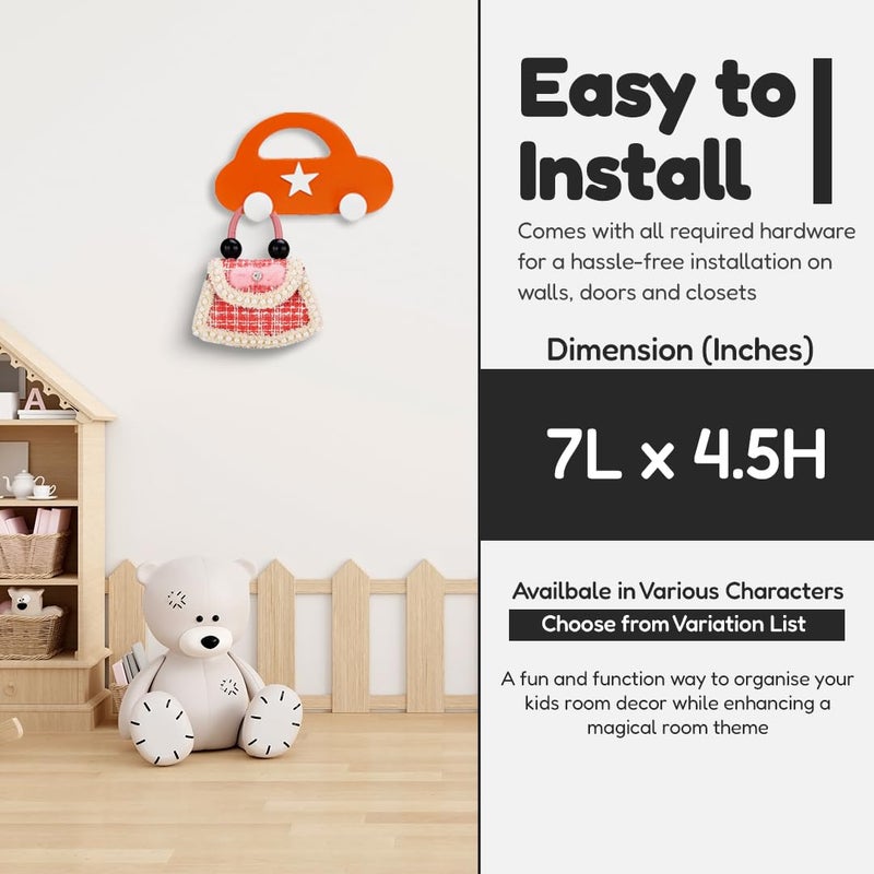 FLY FROG Wooden Decorative Fun Wall Hooks for Kids Room Décor | Decorate Nursery & Playroom Wall Mounted Hooks | Thoughtful Return Gift and Birthday Gifting Option (Car_Orange) - Image 5