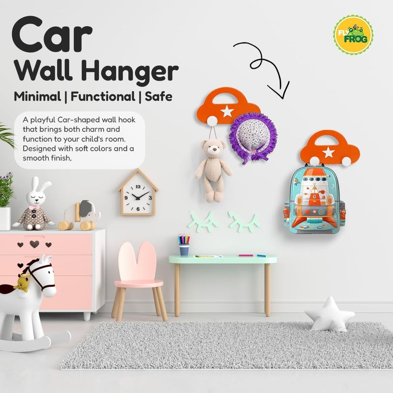FLY FROG Wooden Decorative Fun Wall Hooks for Kids Room Décor | Decorate Nursery & Playroom Wall Mounted Hooks | Thoughtful Return Gift and Birthday Gifting Option (Car_Orange) - Image 2
