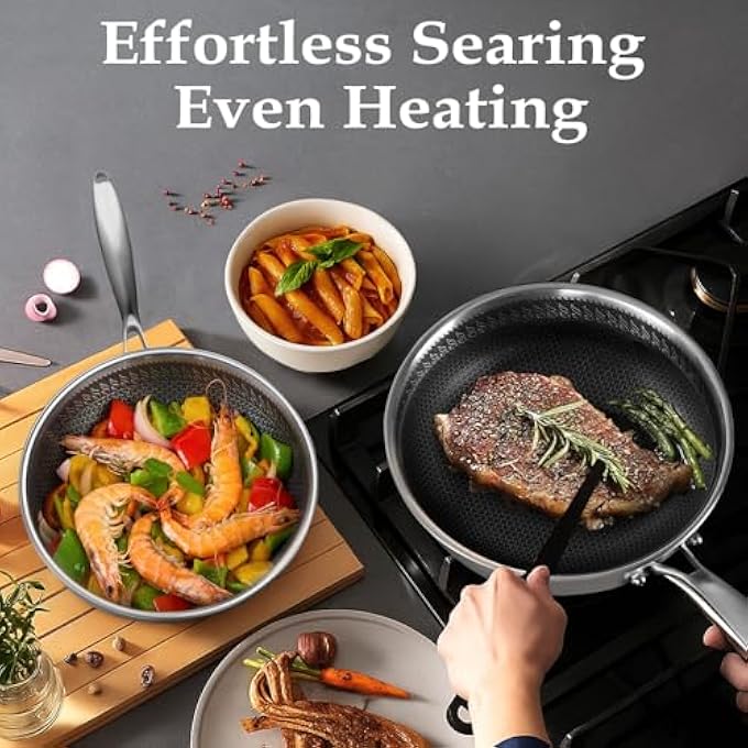 LENND Frying Pan Nonstick With Lid 28Cm Deep Stainless Steel Cookware Saut Pan Skillet Pan With Handle Honeycomb Cooking Pot Dishwasher Safe Wok Pan Compatible With All Cooktops - Image 4