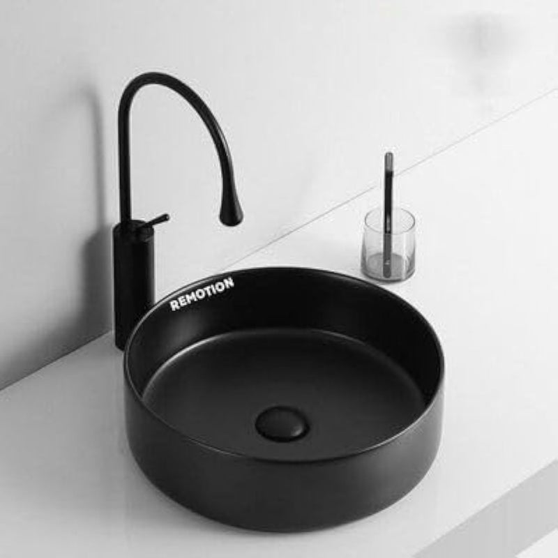 REMOTION Round Countertop Wash Basin For Bathroom | Tabletop Ceramic Bathroom Sink | Wash Basin Over Counter | Wash Basin For Living Room, Resturent (12.5 x 12.5 x 5 Inch) (Matte Black) - Image 2