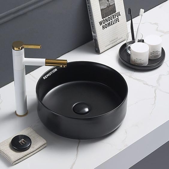REMOTION Round Countertop Wash Basin For Bathroom | Tabletop Ceramic Bathroom Sink | Wash Basin Over Counter | Wash Basin For Living Room, Resturent (12.5 x 12.5 x 5 Inch) (Matte Black) - Image 3