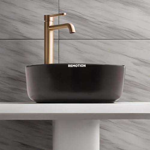 REMOTION Round Countertop Wash Basin For Bathroom | Tabletop Ceramic Bathroom Sink | Wash Basin Over Counter | Wash Basin For Living Room, Resturent (12.5 x 12.5 x 5 Inch) (Matte Black) - Image 5