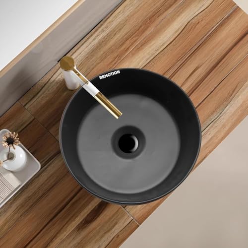 REMOTION Round Countertop Wash Basin For Bathroom | Tabletop Ceramic Bathroom Sink | Wash Basin Over Counter | Wash Basin For Living Room, Resturent (12.5 x 12.5 x 5 Inch) (Matte Black) - Image 4