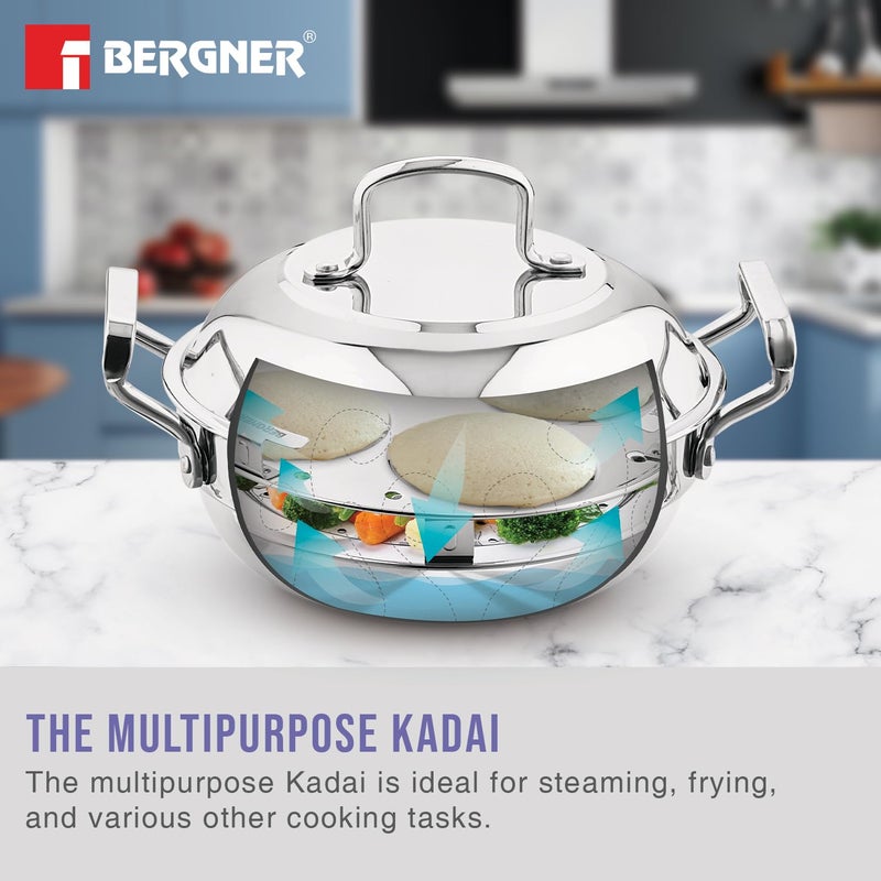 BERGNER BE Essentials Triply Stainless Steel 21cm Multi Kadai - 2 Pcs Idli Plates, 1 Pc Appam Plate with 19 Cavities, 1 Pc Patra Plate and 1 Pc Steam Plate, Less Cooking Oil - Induction Bottom - Image 5