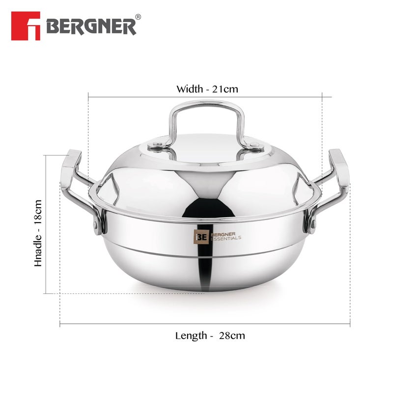 BERGNER BE Essentials Triply Stainless Steel 21cm Multi Kadai - 2 Pcs Idli Plates, 1 Pc Appam Plate with 19 Cavities, 1 Pc Patra Plate and 1 Pc Steam Plate, Less Cooking Oil - Induction Bottom - Image 3