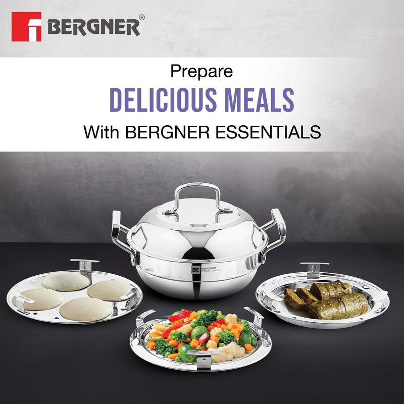 BERGNER BE Essentials Triply Stainless Steel 21cm Multi Kadai - 2 Pcs Idli Plates, 1 Pc Appam Plate with 19 Cavities, 1 Pc Patra Plate and 1 Pc Steam Plate, Less Cooking Oil - Induction Bottom - Image 2