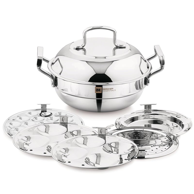 BERGNER BE Essentials Triply Stainless Steel 21cm Multi Kadai - 2 Pcs Idli Plates, 1 Pc Appam Plate with 19 Cavities, 1 Pc Patra Plate and 1 Pc Steam Plate, Less Cooking Oil - Induction Bottom - Image 1