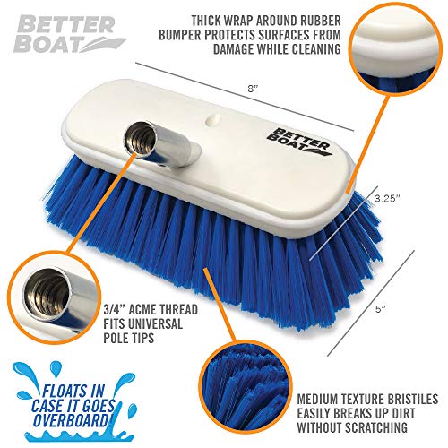 Better Boat Medium Boat Deck Brush, Heavy-Duty Marine Brush Head, 8" Bristle with Bumper, 3/4" Thread Handle, for RV, Truck, and Auto Cleaning - Image 2