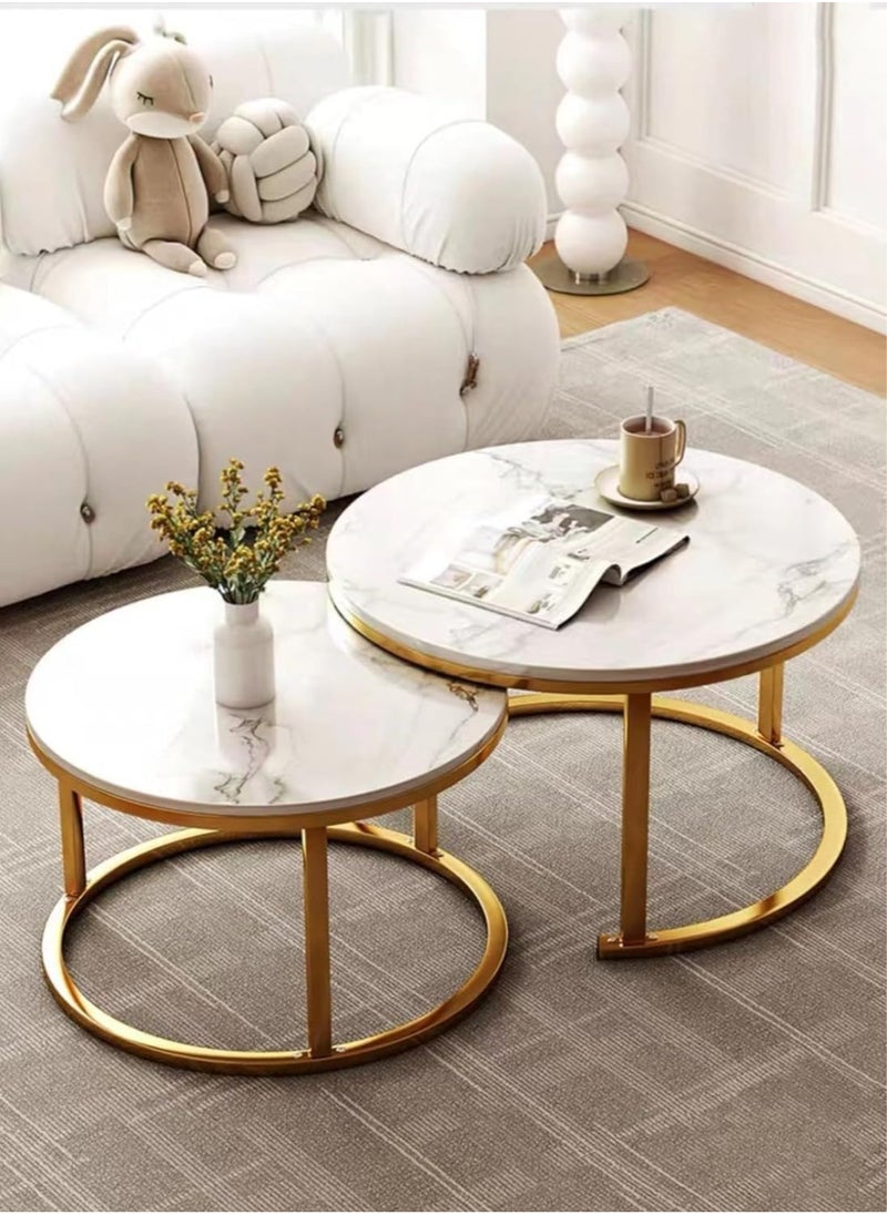 DUSALA Coffee Table Nesting Side Set of 2 End Table Top Sturdy Metal Frame Desk Centerpiece Living Room Bedroom Apartment Modern Industrial Simple Nightstand(Gold/White)  - Image 5