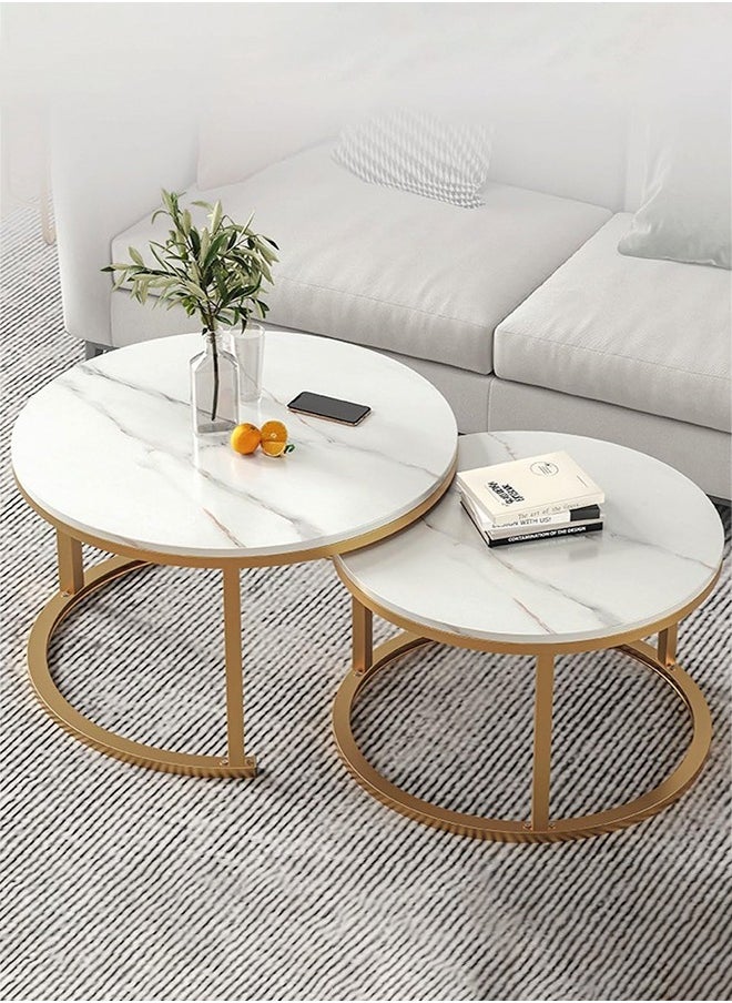 DUSALA Coffee Table Nesting Side Set of 2 End Table Top Sturdy Metal Frame Desk Centerpiece Living Room Bedroom Apartment Modern Industrial Simple Nightstand(Gold/White)  - Image 1