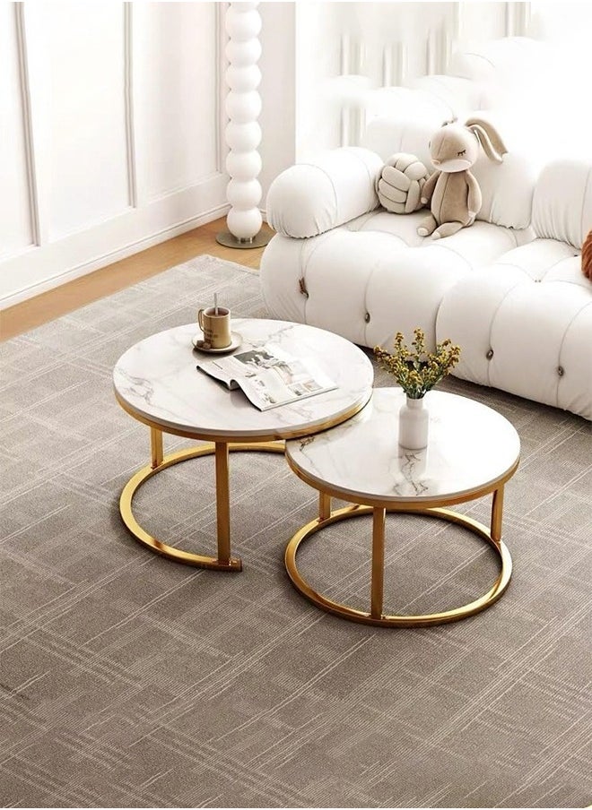 DUSALA Coffee Table Nesting Side Set of 2 End Table Top Sturdy Metal Frame Desk Centerpiece Living Room Bedroom Apartment Modern Industrial Simple Nightstand(Gold/White)  - Image 2