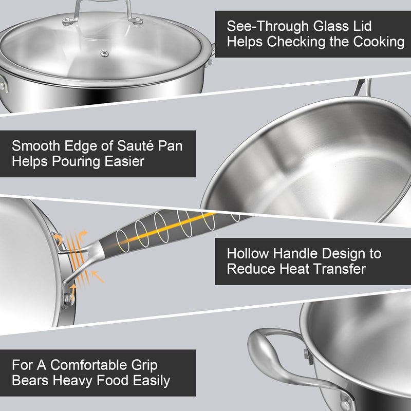EWFEN 12 Inch Tri-Ply Stainless Steel Frying Pan, 5-Quart Deep Saute Pan with lids, PFOA&PTFE Free Skillet, Induction Cooking Pan, Dishwasher&Oven Safe,Works on All Cooktops - Image 5