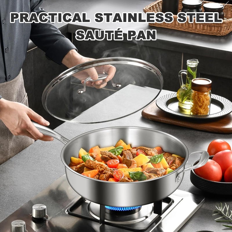 EWFEN 12 Inch Tri-Ply Stainless Steel Frying Pan, 5-Quart Deep Saute Pan with lids, PFOA&PTFE Free Skillet, Induction Cooking Pan, Dishwasher&Oven Safe,Works on All Cooktops - Image 2