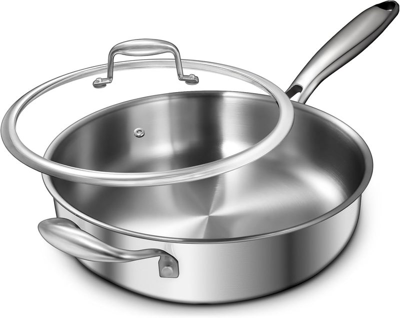 EWFEN 12 Inch Tri-Ply Stainless Steel Frying Pan, 5-Quart Deep Saute Pan with lids, PFOA&PTFE Free Skillet, Induction Cooking Pan, Dishwasher&Oven Safe,Works on All Cooktops - Image 1
