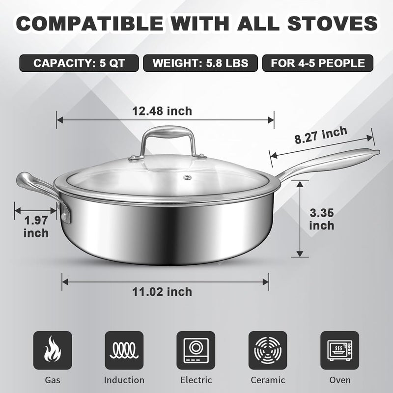 EWFEN 12 Inch Tri-Ply Stainless Steel Frying Pan, 5-Quart Deep Saute Pan with lids, PFOA&PTFE Free Skillet, Induction Cooking Pan, Dishwasher&Oven Safe,Works on All Cooktops - Image 3