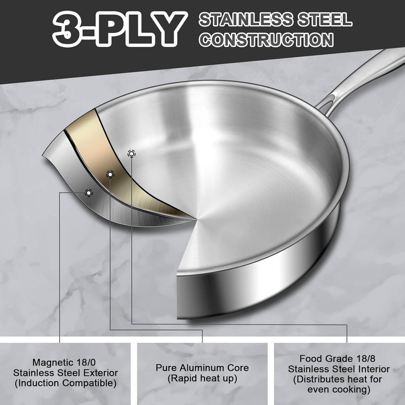 EWFEN 12 Inch Tri-Ply Stainless Steel Frying Pan, 5-Quart Deep Saute Pan with lids, PFOA&PTFE Free Skillet, Induction Cooking Pan, Dishwasher&Oven Safe,Works on All Cooktops - Image 4