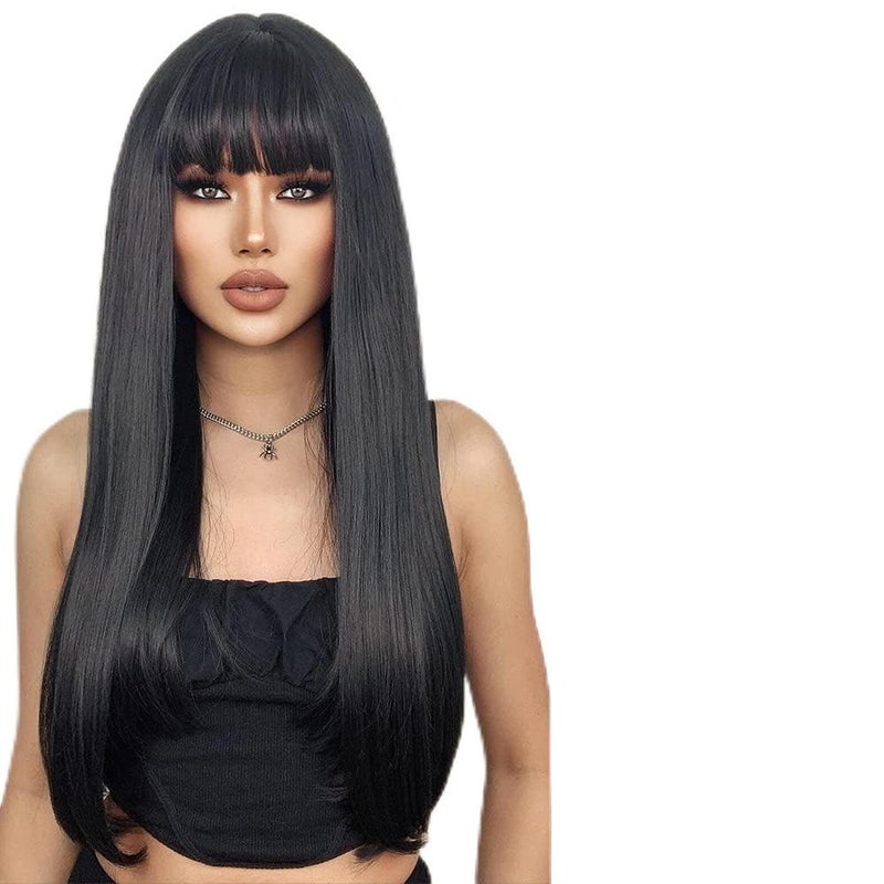 Esmee Long Straight Black Wigs for Women Natuaral Synthetic Layered Hair Brunette Wig with Fringe for Daily Party Cosplay Use26 Inches