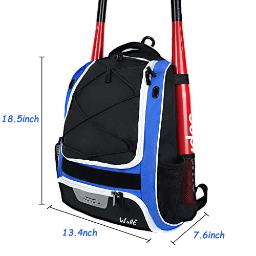 WOLT | Youth Baseball Bat Backpack - Bag for Baseball, Softball & T-Ball Equipment & Gear, Youth and Adults, with Holder for Bat, Helmet, Glove, & Shoes Compartment & Fence Hook (Blue) - Image 2