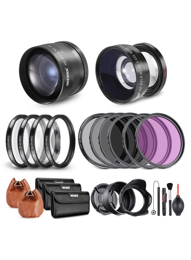Neewer 52mm Lens and Filter Set: Wide Angle/2.2X Telephoto Additional Lens for 18mm-85mm APS-C Lens, (+1+2+4+10) Close Up Macro/ND/UV/CPL/FLD Filters for Camera Lens with ⌀52mm Thread - Image 1