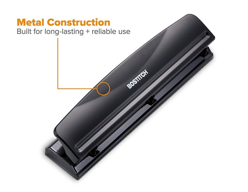 Bostitch Office 3 Hole Punch, Durable Metal, Rubber Base, 12 Sheets, Black - Image 3