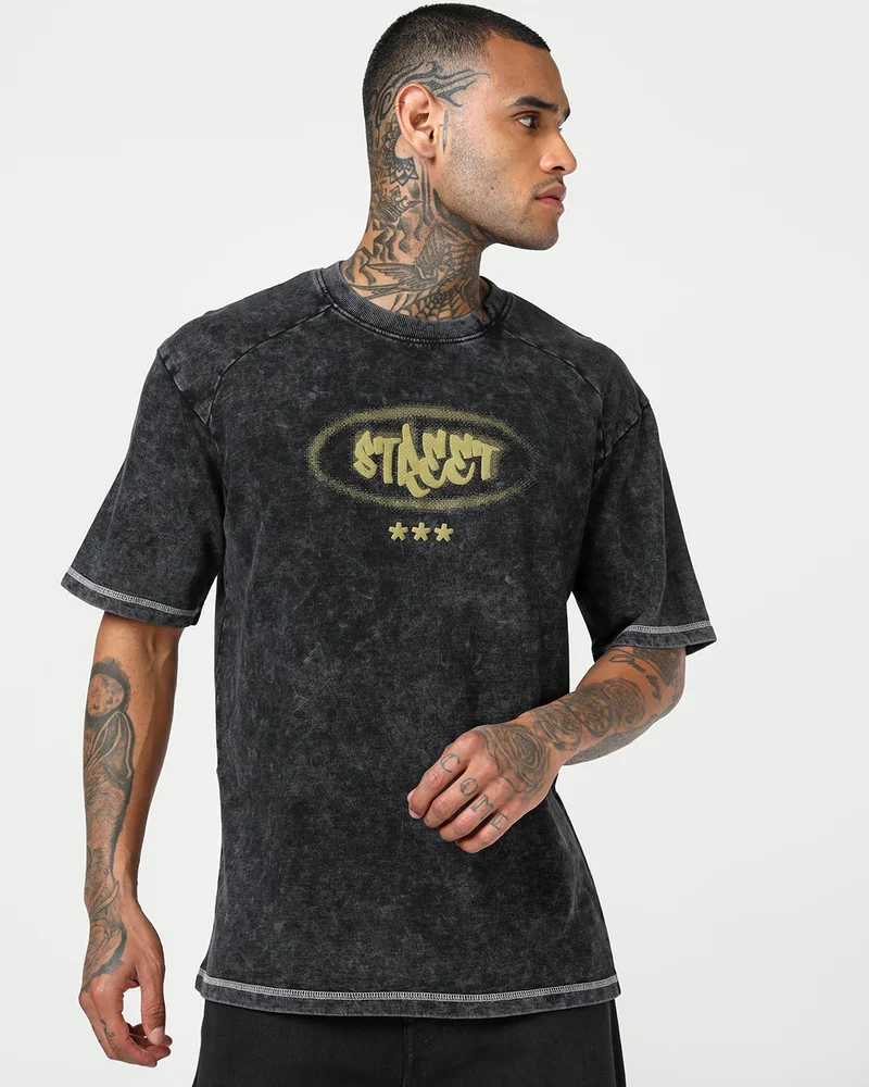 bewakoof Men's Black Typography Oversized Acid Wash T-shirt