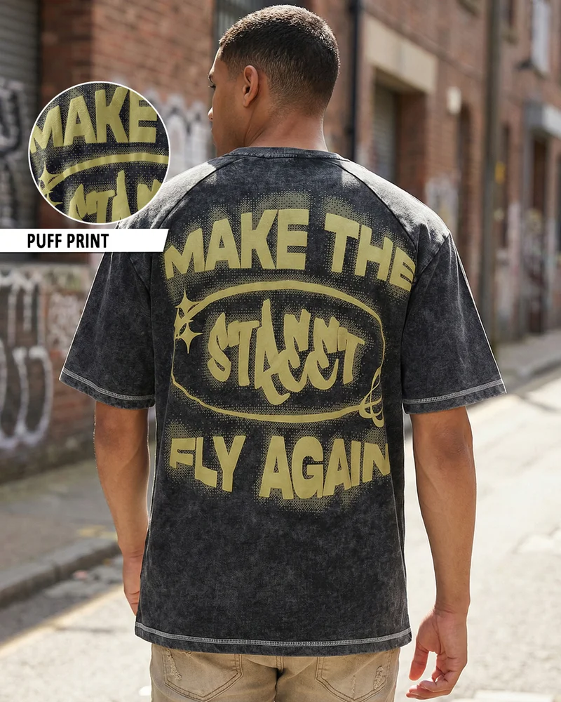 bewakoof Men's Black Typography Oversized Acid Wash T-shirt