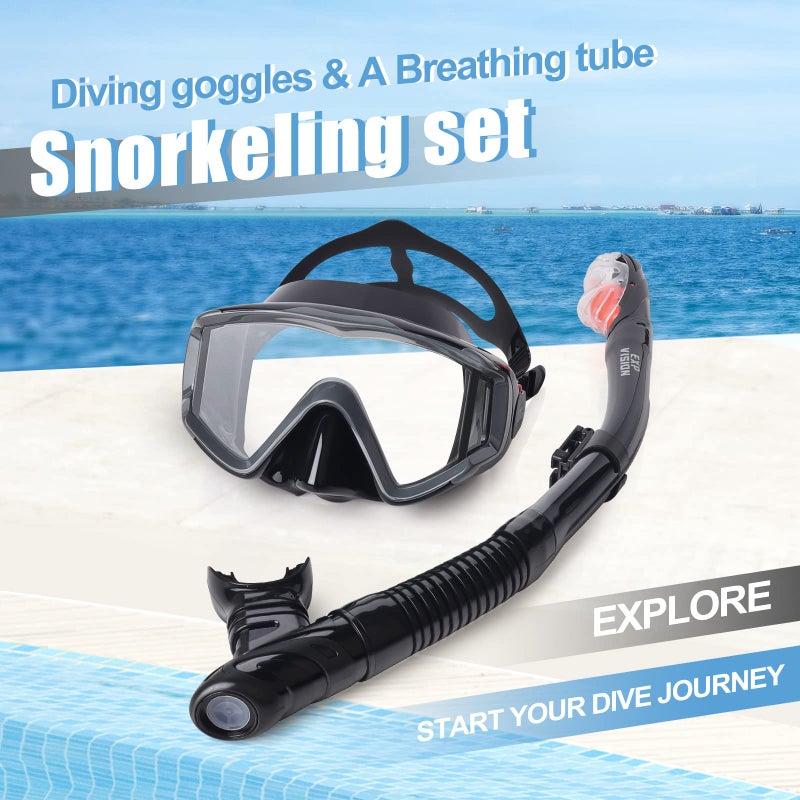 EXP VISION Snorkel Set Pano 3 Window Adult Snorkeling Gear, Professional Anti-Fog Snorkel Diving Mask, Anti-Leak Swim Goggles and Dry Top Snorkel for Scuba Diving, Snorkeling, Swimming (Dark Gray) - Image 4