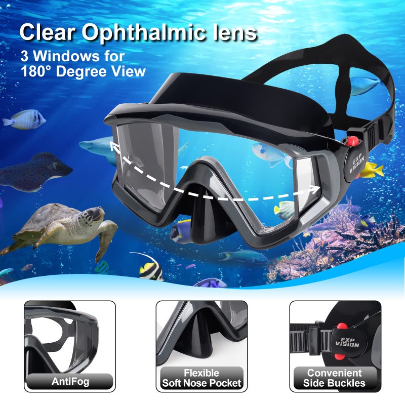 EXP VISION Snorkel Set Pano 3 Window Adult Snorkeling Gear, Professional Anti-Fog Snorkel Diving Mask, Anti-Leak Swim Goggles and Dry Top Snorkel for Scuba Diving, Snorkeling, Swimming (Dark Gray) - Image 2
