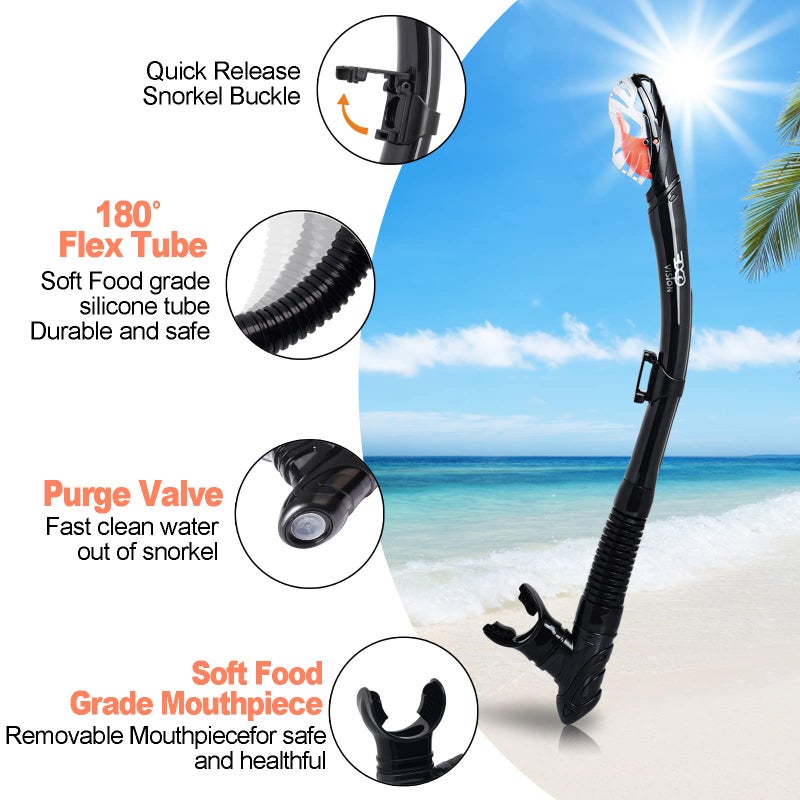 EXP VISION Snorkel Set Pano 3 Window Adult Snorkeling Gear, Professional Anti-Fog Snorkel Diving Mask, Anti-Leak Swim Goggles and Dry Top Snorkel for Scuba Diving, Snorkeling, Swimming (Dark Gray) - Image 5