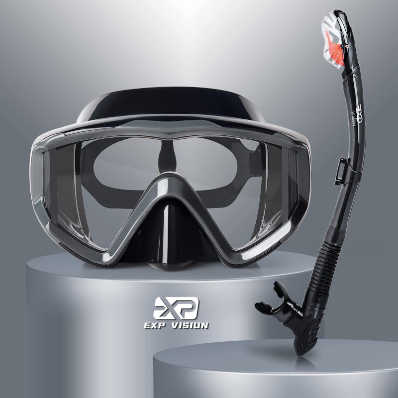 EXP VISION Snorkel Set Pano 3 Window Adult Snorkeling Gear, Professional Anti-Fog Snorkel Diving Mask, Anti-Leak Swim Goggles and Dry Top Snorkel for Scuba Diving, Snorkeling, Swimming (Dark Gray) - Image 1