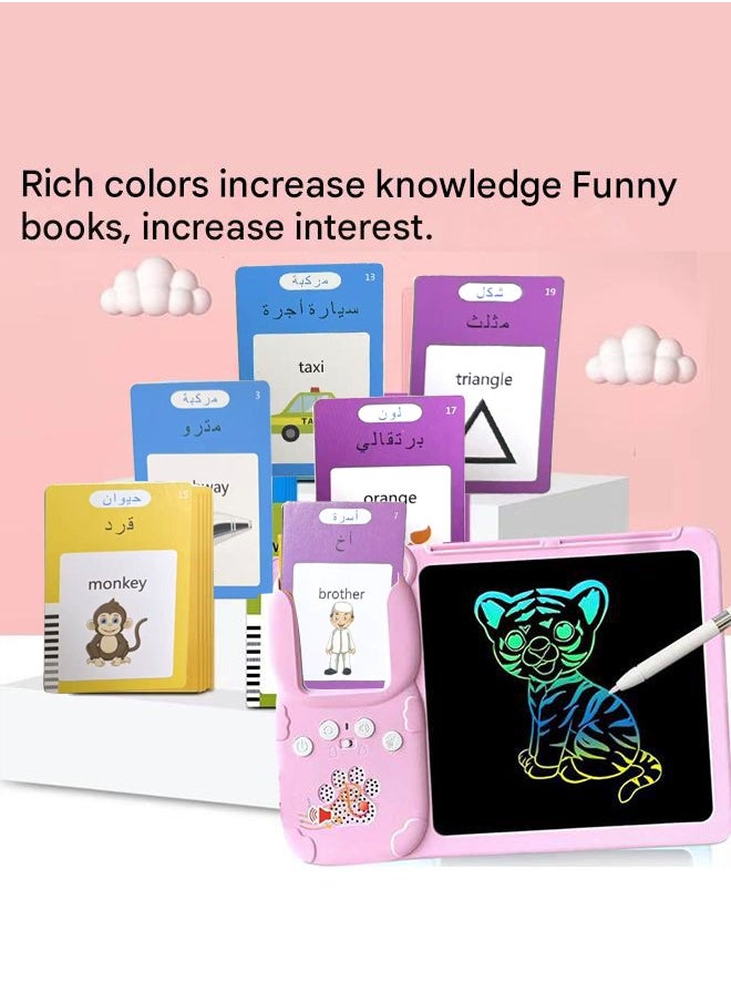 Educational games for kids,112 Bilingual Talking Flashcards + LCD Drawing Tablet for Kids 1,2,3,4,5 Years - English & Arabic Learning Toy, Educational toys for Toddlers, Early Development Smart Board with 224 Words ，USB charging, pink  - Image 4