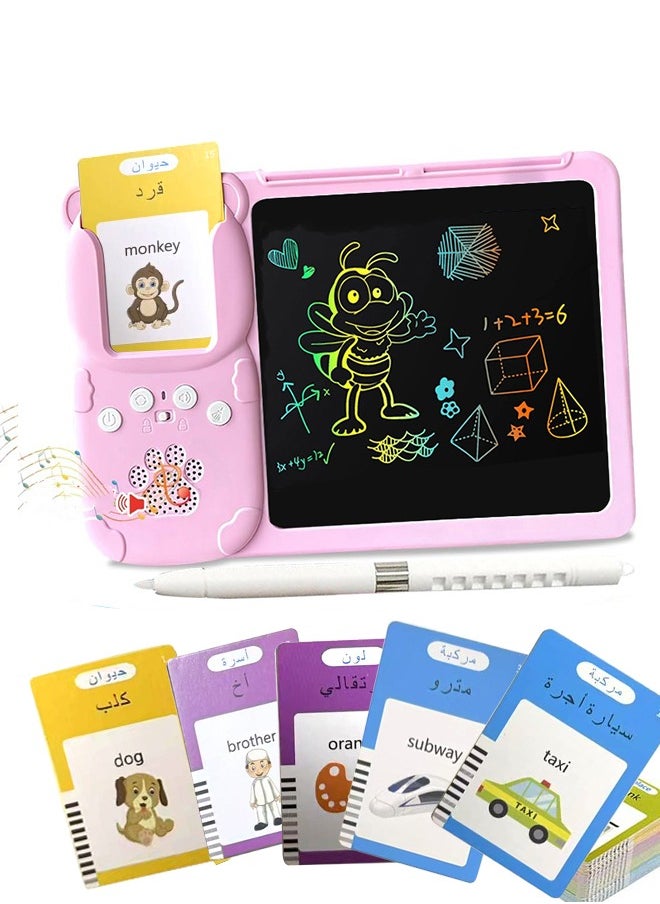 Educational games for kids,112 Bilingual Talking Flashcards + LCD Drawing Tablet for Kids 1,2,3,4,5 Years - English & Arabic Learning Toy, Educational toys for Toddlers, Early Development Smart Board with 224 Words ，USB charging, pink  - Image 1