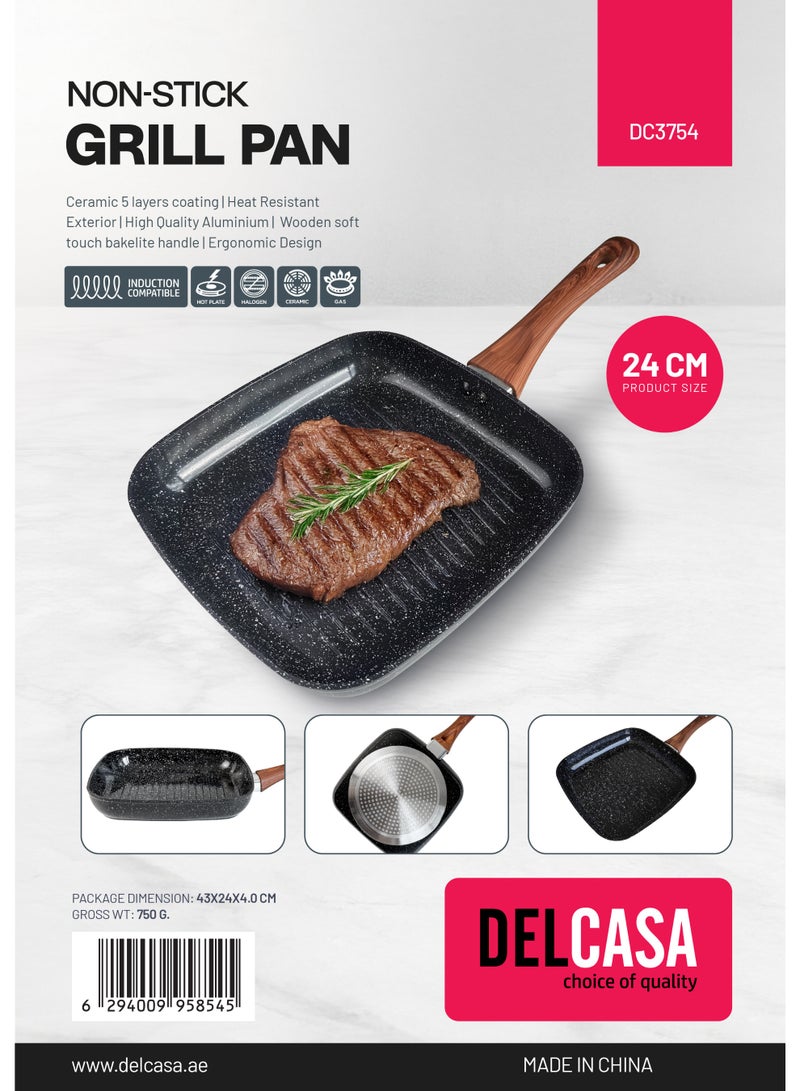 Delcasa 24 cm Nonstick Grill Pan - DC3754 Ceramic 5 Layer Coating, Aluminum Pans with Wooden Soft Bakelite Handle