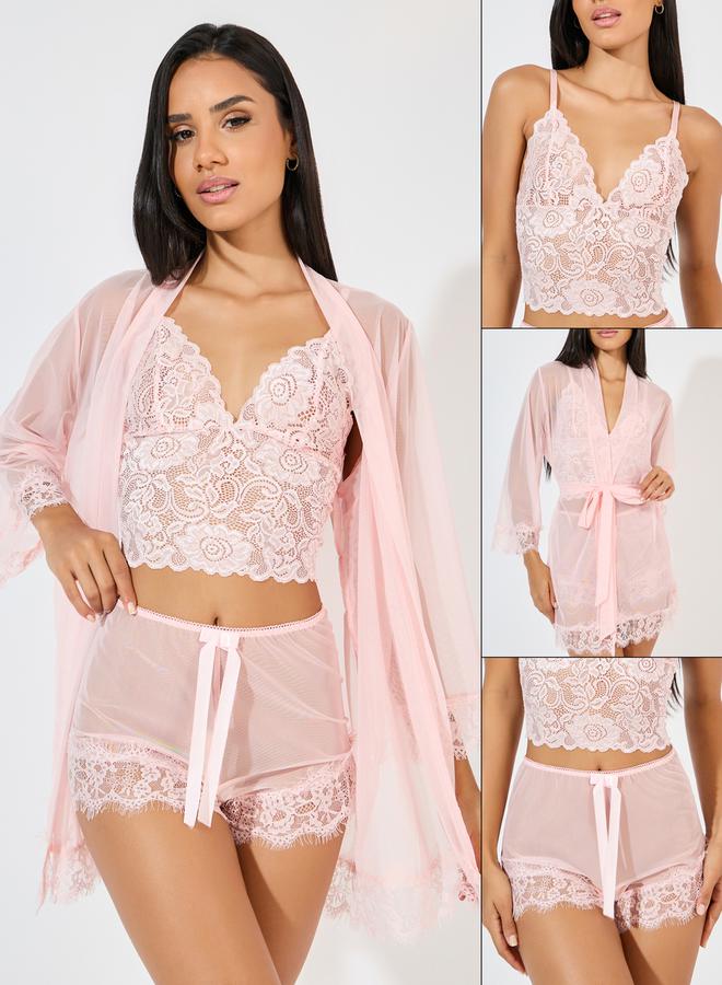 Styli Styli Pack of 3 - Lace Bralette- Mesh Shorts and Robe  - Image 1