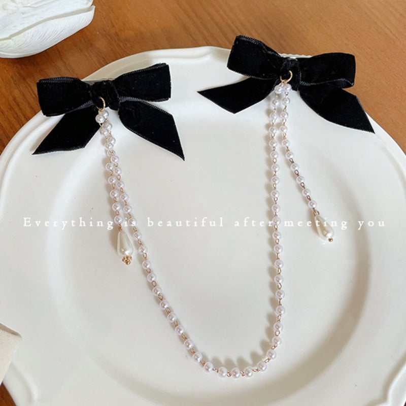 Elegant Hair Clip: Black Alloy Clip With Chic Bow Shimmering Pearls - Lightweight 9.3g Durable Fabric Design - Statement Hairpiece for Everyday Wear Special Occasions - Image 3