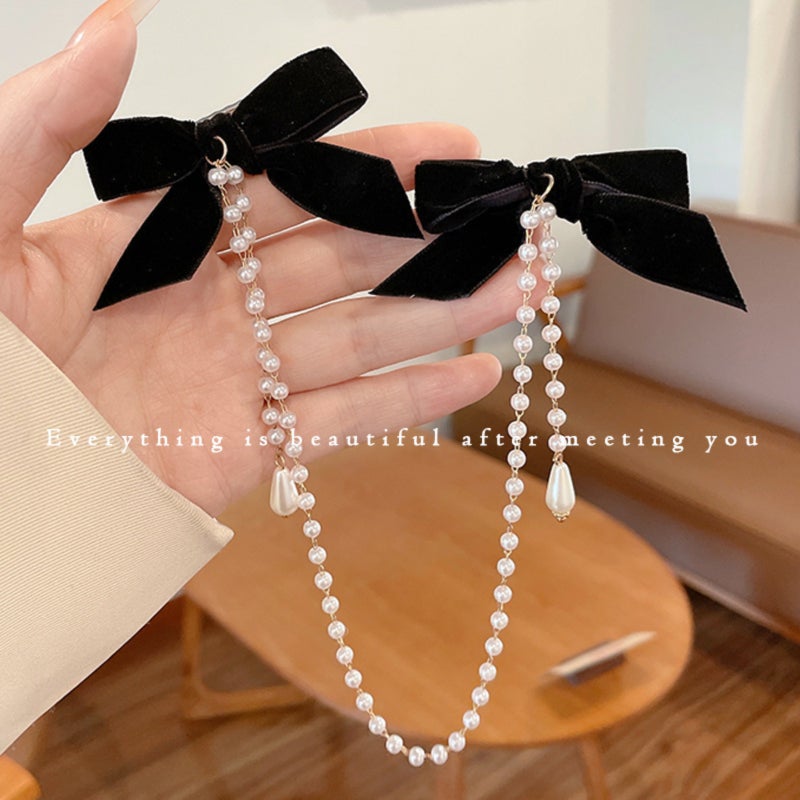 Elegant Hair Clip: Black Alloy Clip With Chic Bow Shimmering Pearls - Lightweight 9.3g Durable Fabric Design - Statement Hairpiece for Everyday Wear Special Occasions - Image 1