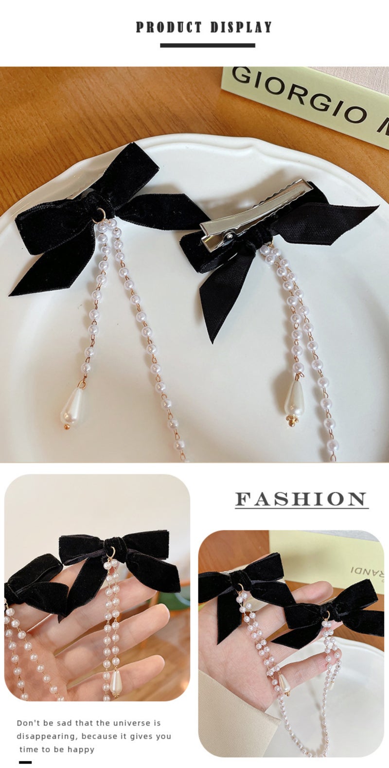 Elegant Hair Clip: Black Alloy Clip With Chic Bow Shimmering Pearls - Lightweight 9.3g Durable Fabric Design - Statement Hairpiece for Everyday Wear Special Occasions - Image 4
