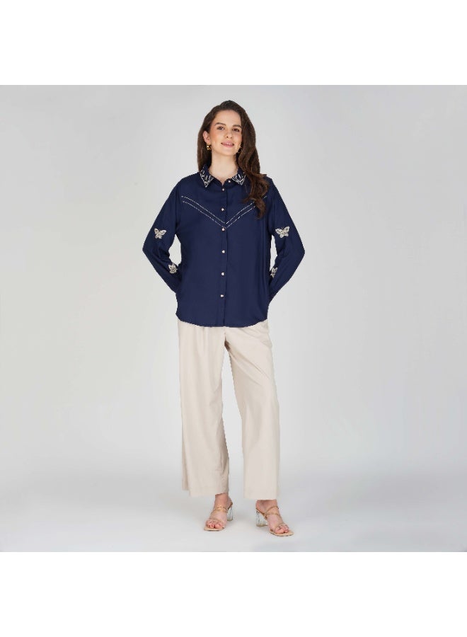 Linelle Soft Crepe Ladies Shirt – Collar Neck and Full Sleeves, Embroidery Detailing - Image 3