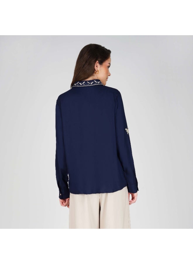 Linelle Soft Crepe Ladies Shirt – Collar Neck and Full Sleeves, Embroidery Detailing - Image 2