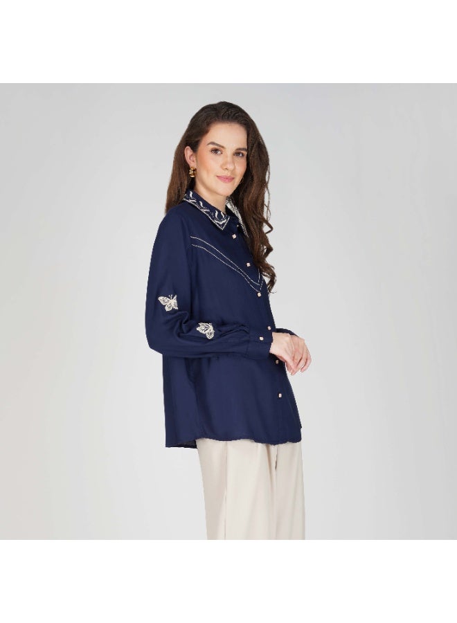 Linelle Soft Crepe Ladies Shirt – Collar Neck and Full Sleeves, Embroidery Detailing - Image 4