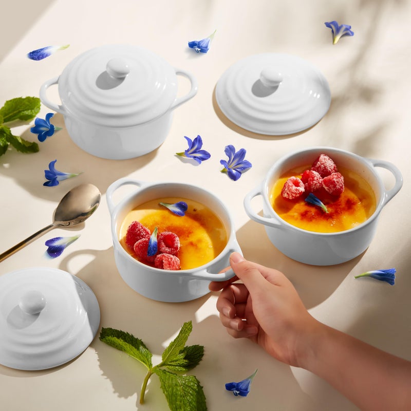 Kook Ceramic Mini Cocotte Set, Small Casserole Dishes with Lids and Handles, Individual Baking Ramekins, Oven safe 350F, Microwave & Dishwasher Safe, Stoneware, 12 oz, Set of 4, (Swiss White) - Image 2