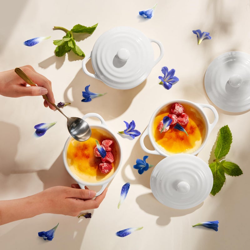Kook Ceramic Mini Cocotte Set, Small Casserole Dishes with Lids and Handles, Individual Baking Ramekins, Oven safe 350F, Microwave & Dishwasher Safe, Stoneware, 12 oz, Set of 4, (Swiss White) - Image 3