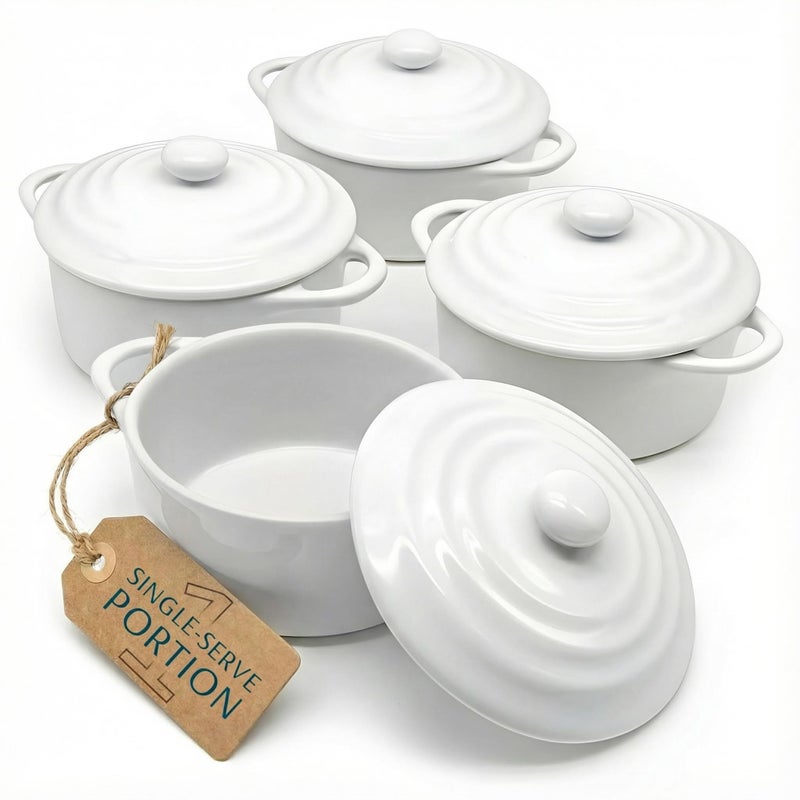 Kook Ceramic Mini Cocotte Set, Small Casserole Dishes with Lids and Handles, Individual Baking Ramekins, Oven safe 350F, Microwave & Dishwasher Safe, Stoneware, 12 oz, Set of 4, (Swiss White) - Image 1