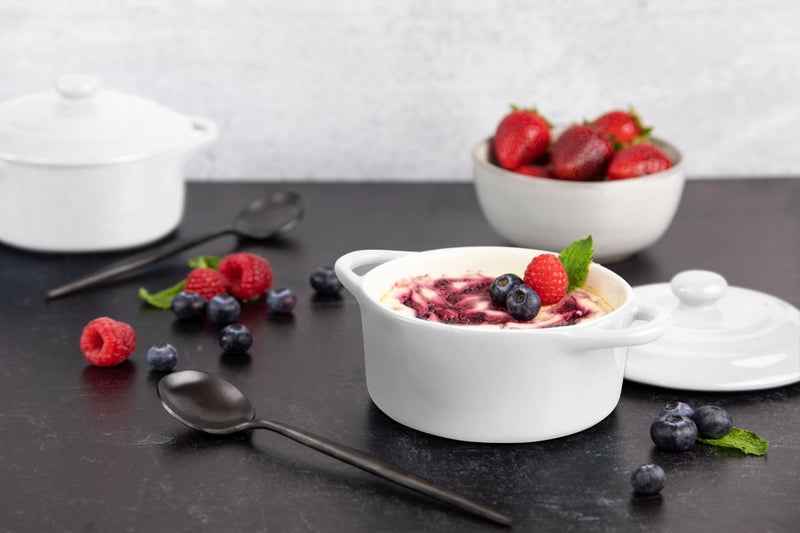 Kook Ceramic Mini Cocotte Set, Small Casserole Dishes with Lids and Handles, Individual Baking Ramekins, Oven safe 350F, Microwave & Dishwasher Safe, Stoneware, 12 oz, Set of 4, (Swiss White) - Image 5