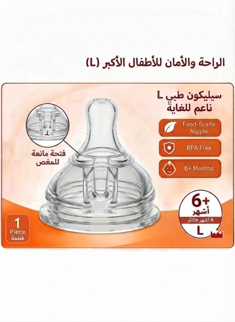 Wide-neck anti-colic silicone bottle teat—a genuine replacement for wide-neck bottles. Features an anti-colic and anti-reflux design; BPA-free; suitable for ages 6+ months; transparent; single-pack. - Image 2