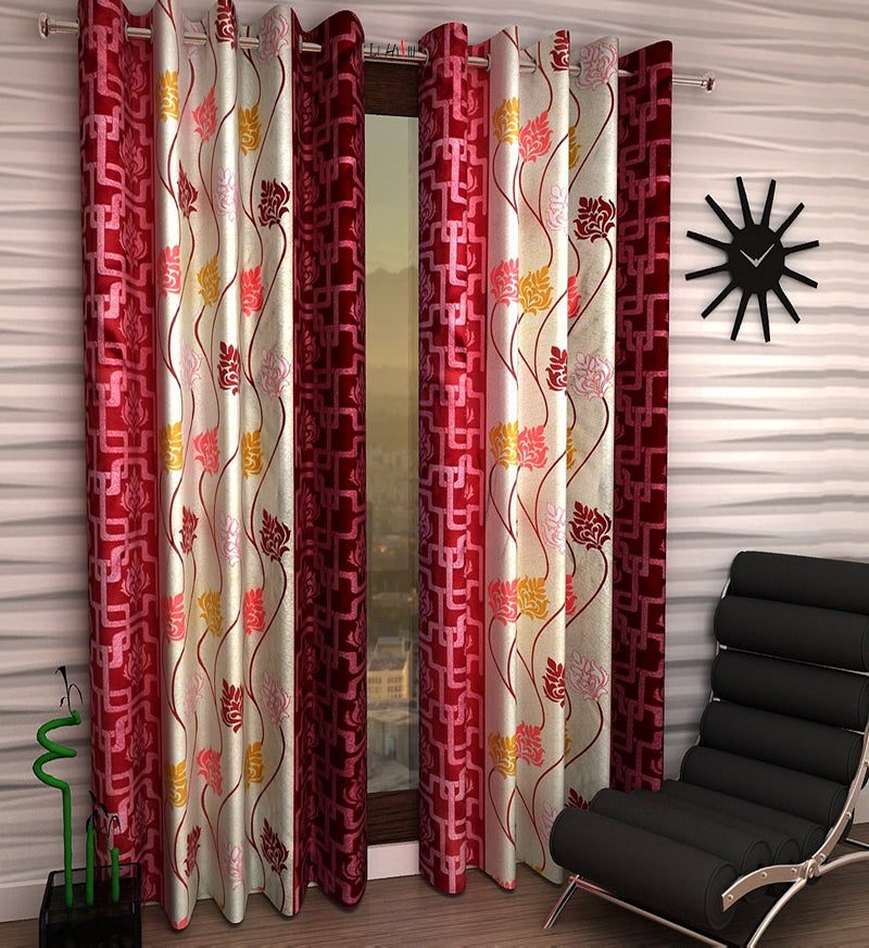 Milan Art Deco Trop Colour Polysilk Curtain Set of 2pc, Door- 4ft x 7ft, Maroon - Image 1
