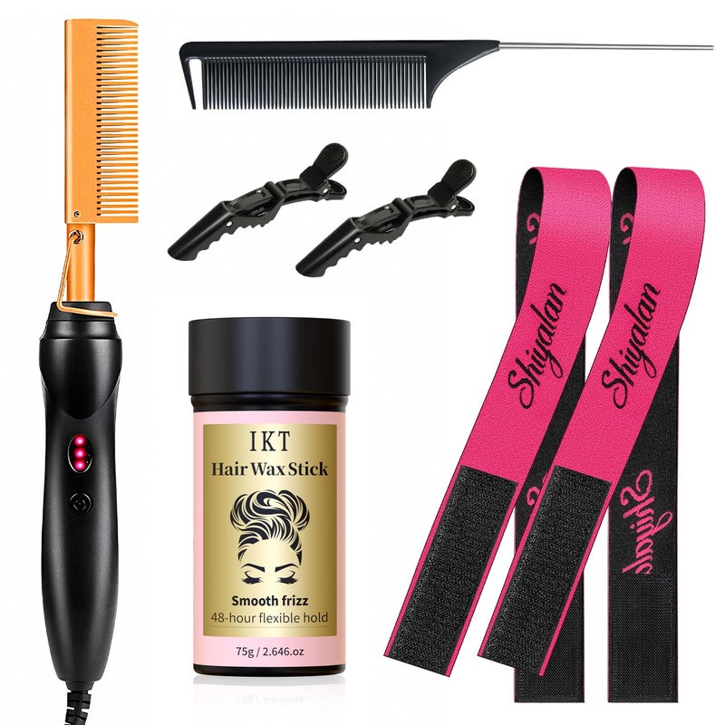 Shiyalan Hot Comb Set 7Pcs, Electric Hair Straightener Pressing Comb for Black Hair, Hot Comb Set with Wig Wax Stick, Lace Band, Rat Tail Comb ï¼†Salon Clips - Image 1