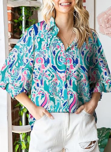 Astylish Womens Romantic Lantern Sleeve Shirt Soft Breathable Fit Paisley Print V-Neck Retro Button Down Shirts Sky Blue Large - Image 2