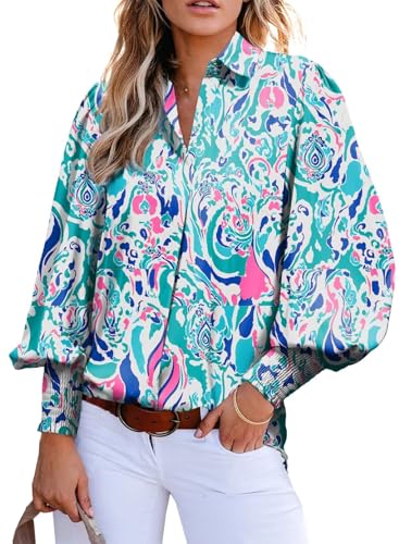 Astylish Womens Romantic Lantern Sleeve Shirt Soft Breathable Fit Paisley Print V-Neck Retro Button Down Shirts Sky Blue Large - Image 1