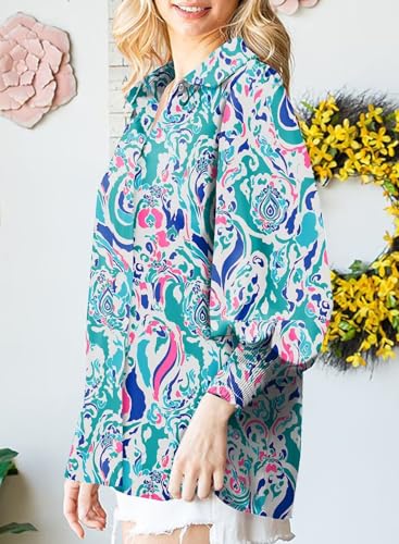 Astylish Womens Romantic Lantern Sleeve Shirt Soft Breathable Fit Paisley Print V-Neck Retro Button Down Shirts Sky Blue Large - Image 4